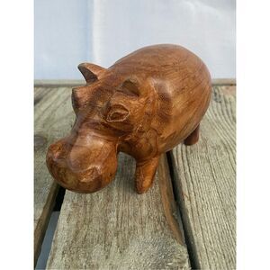 Hand Carved Wooden Hippo Figurine Sculpture Brown Animal Art Decor Vintage Safar